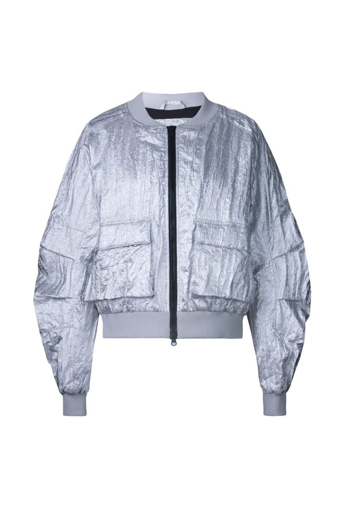 Silver metallic jacquard quilted bomber jacket