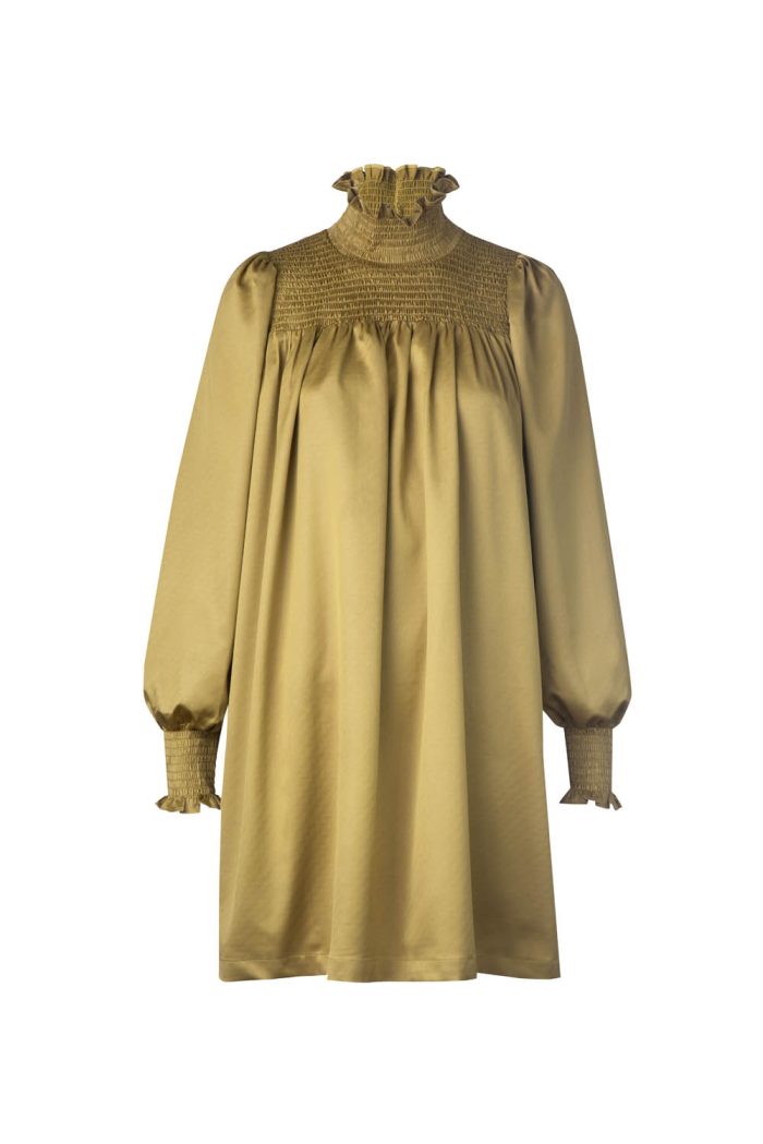 Satin jacquard tunic with smoke at collar and sleeve opening
