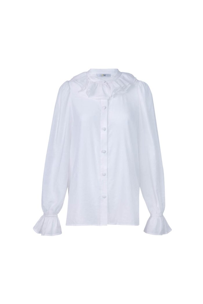 White shirt with ruffle at collar