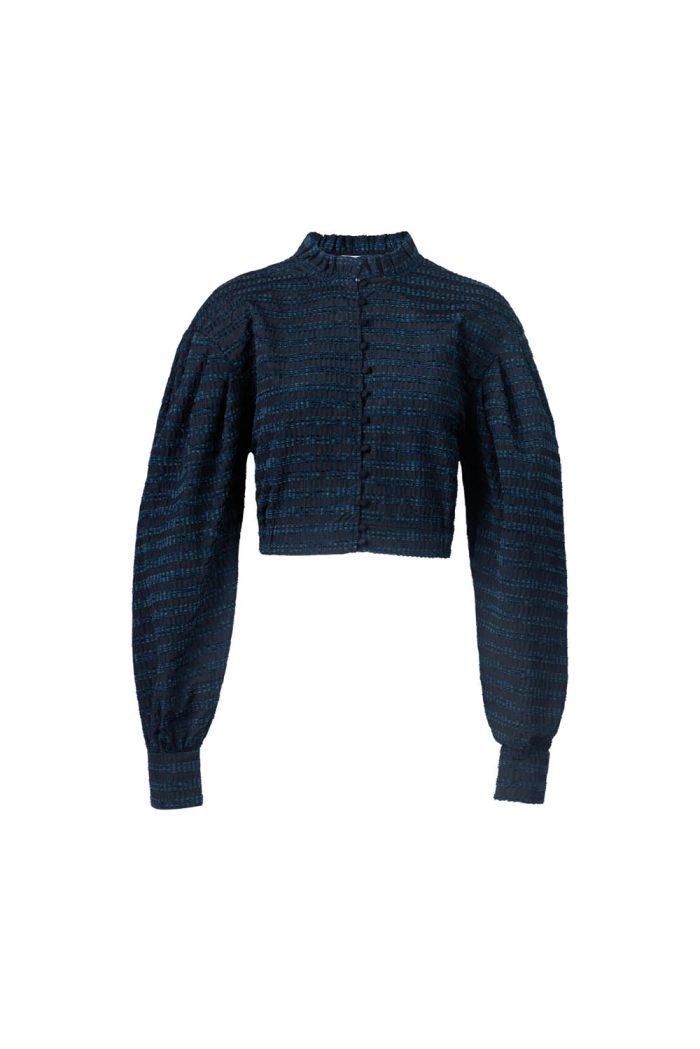 Box pleat bomber jacket with frill neck