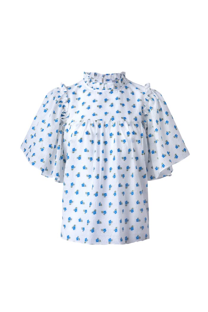 Frill neck Jacquard wide sleeve blouse