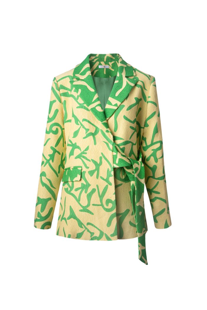 Two tones jacquard blazer with tie band at waist