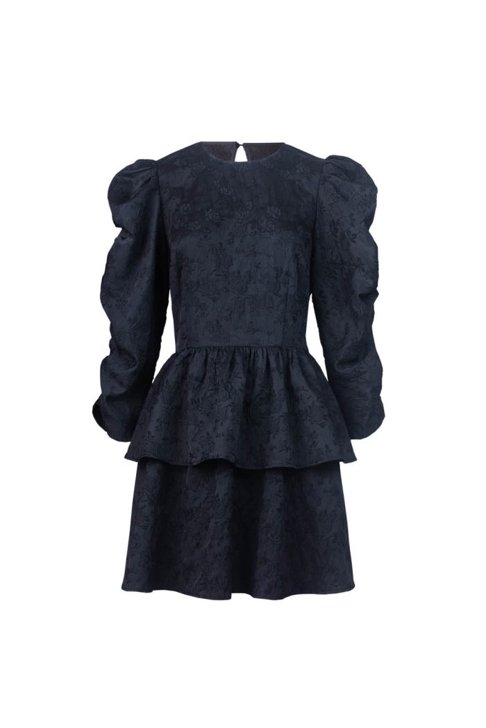 Puff sleeve black jacquard midi dress