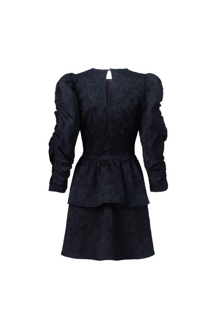 Puff sleeve black jacquard midi dress - 图片 4